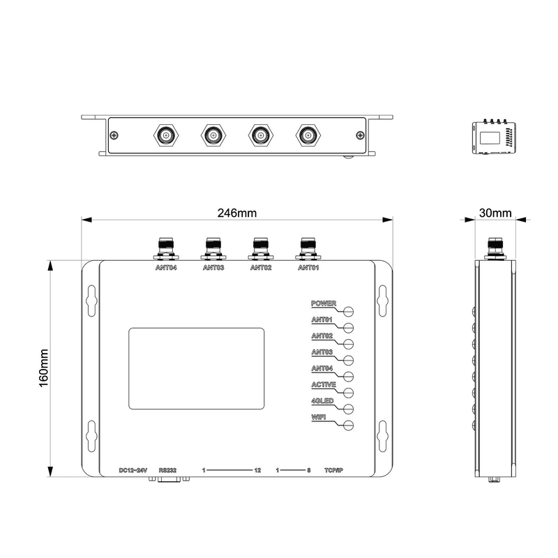 Această imagine arată desenul de cotă al cititorului fix JT-128 UHF RFID cu măsurători de lățime; înălțime și grosime.