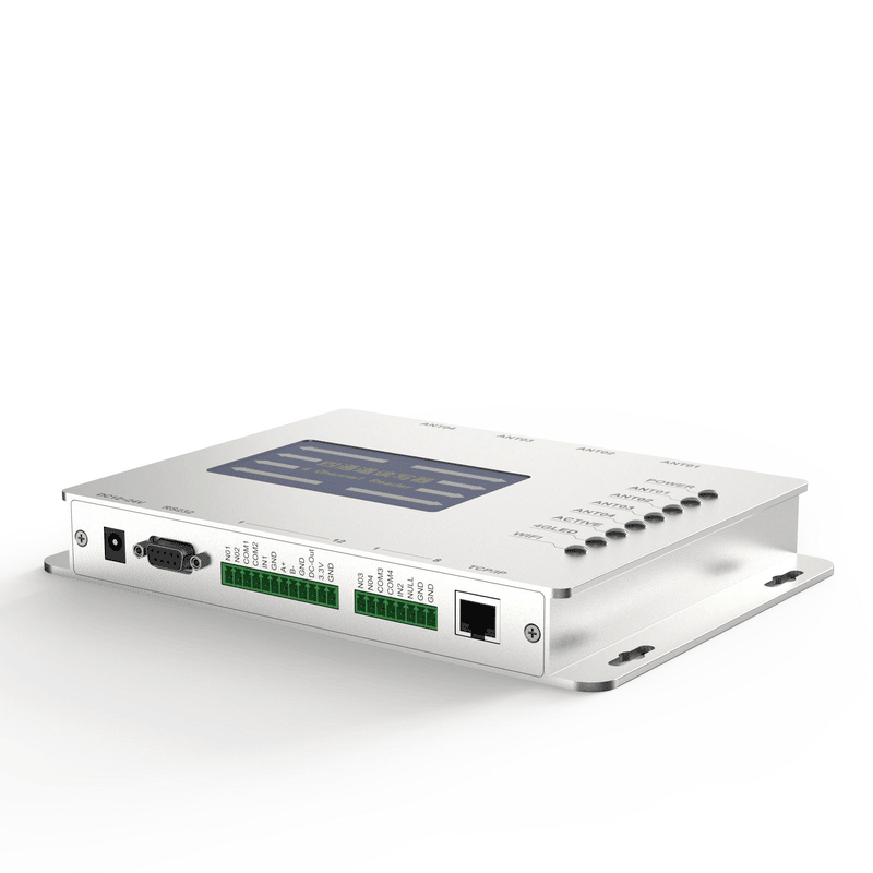 Această imagine arată cititorul fix JT-128 UHF RFID dintr-o vedere înclinată cu blocurile terminale de alimentare RS232 vizibile și portul de rețea.
