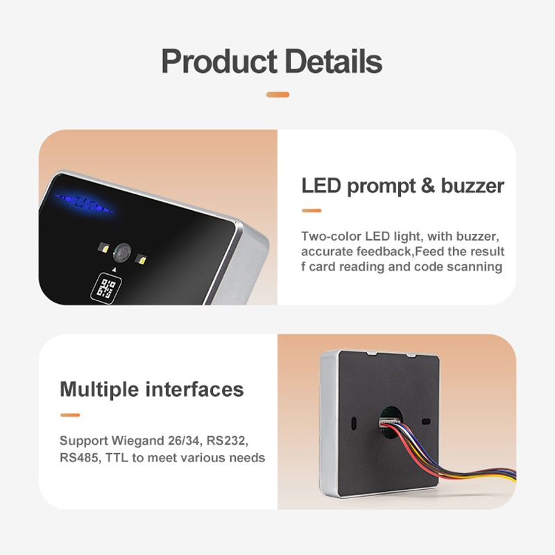 Scaner RFID și cod QR personalizat pentru acces, prezentat frontal pentru aplicații de control acces cu RFID și cod QR.