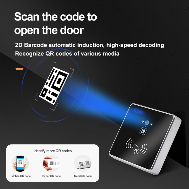 Scaner RFID și cod QR personalizat pentru acces, prezentat din perspectiva unui design compact, de dimensiuni apropiate de un portofel, pentru aplicații RFID și QR.