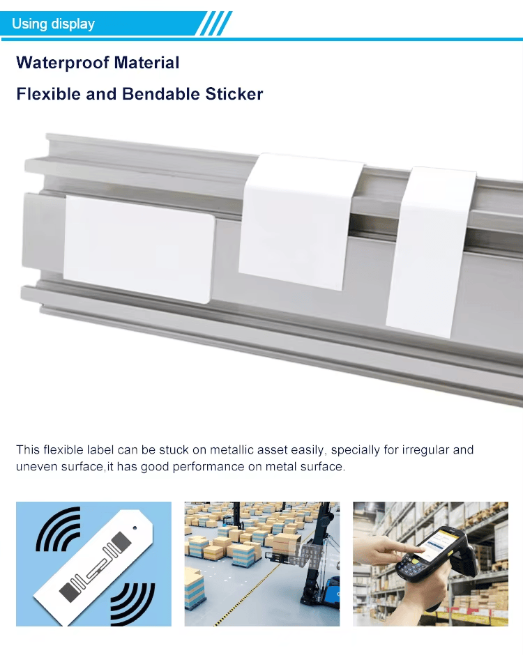 Această imagine evidențiază eticheta RFID UHF flexibilă pe metal pentru urmărirea containerelor, cu logo gravat pentru aplicații taguri UHF RFID flexibile pentru suprafețe metalice.