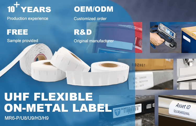 Etichetă RFID UHF flexibilă pe metal pentru urmărirea containerelor, prezentată cu detaliu de tăiere laser pentru cumpărători care compară soluții taguri UHF RFID flexibile pentru suprafețe metalice.