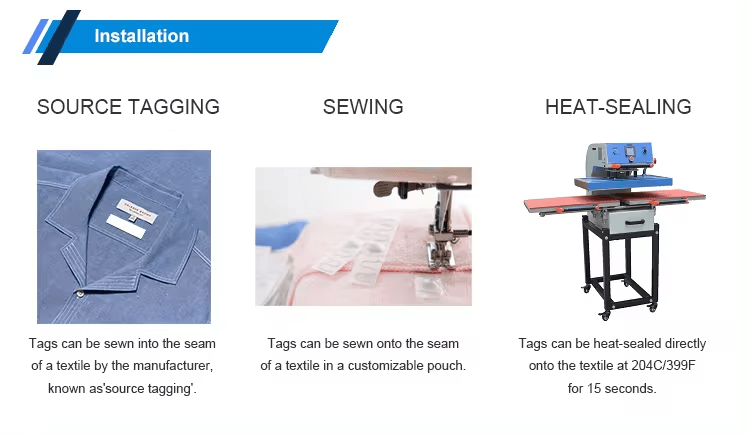 Imaginea evidențiază etichetele Hospital Linen RFID Tags for Healthcare cu suport adeziv pentru aplicații Polyester RFID Laundry Tags.
