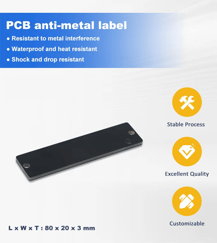 Imaginea evidențiază tagul RFID PCB pe metal cu rază lungă pentru urmărirea activelor pe suprafețe metalice în aplicații PCB On-Metal RFID Tags.