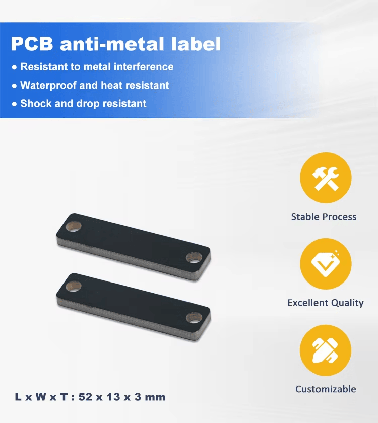 Etichetă RFID PCB pe metal pentru active logistice, utilizată pe suprafețe metalice în proiecte cu Etichete RFID PCB pe metal.