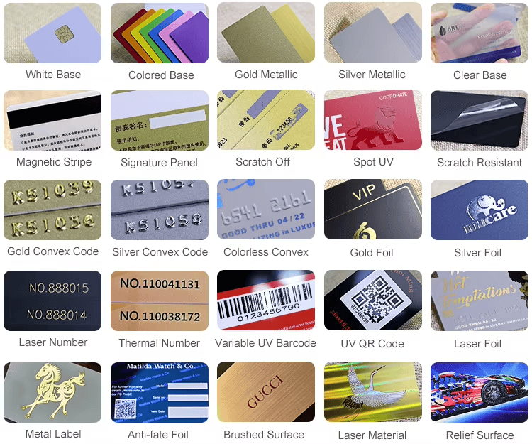 Imaginea evidențiază carduri PVC cu folio aplicat la cald prin laser pentru branding premium, vedere frontală pentru aplicații Plastic Cards.