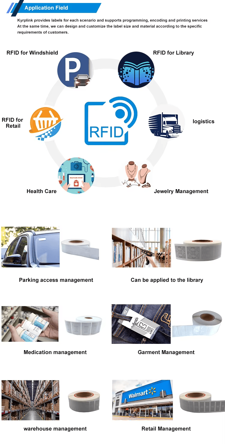 Etichete UHF RFID pentru cărți și materiale media, prezentate pe o suprafață metalică pentru cumpărători care compară soluții UHF RFID Labels.