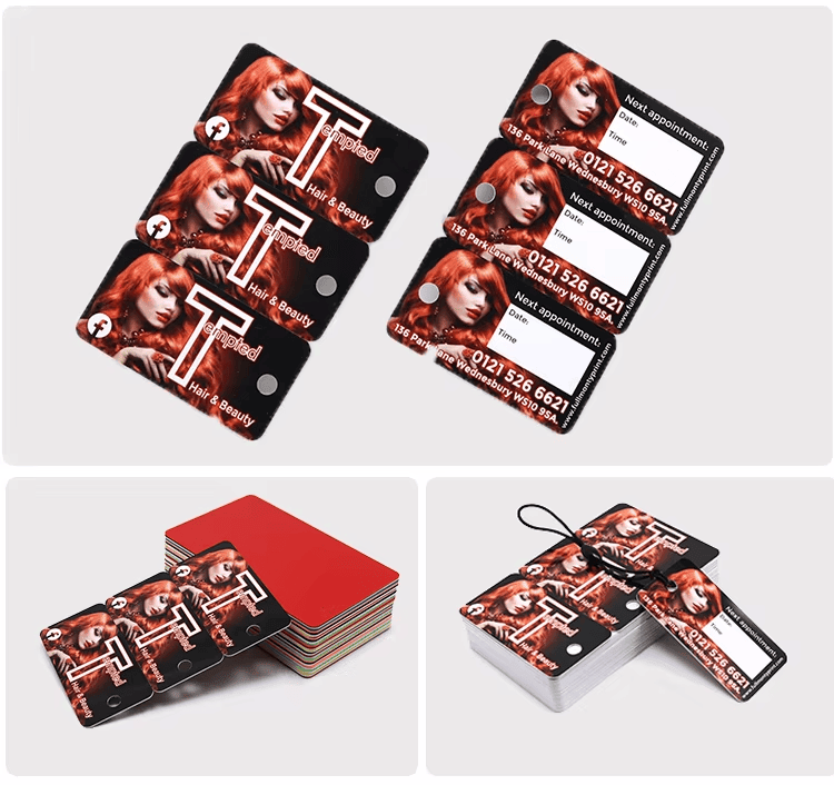 Grafic de configurare cu mai multe stiluri de carduri combo din plastic, inclusiv seturi de brelocuri, carduri cu miez colorat și seturi cu șnur.