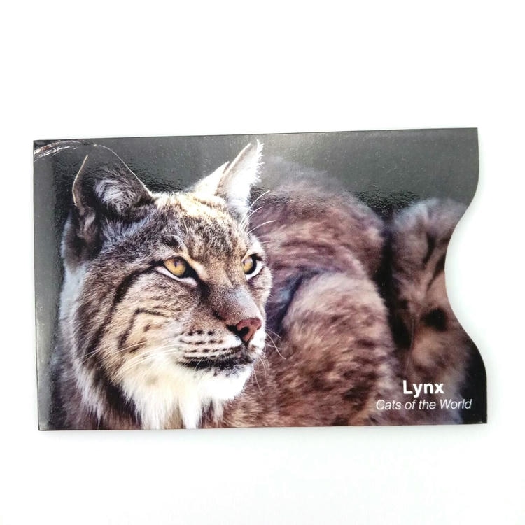 Acest suport pentru carduri RFID cu mâneci de blocare are un design foto lynx și decupaj pentru degetul mare; astfel încât cardurile să alunece cu ușurință în timp ce rămân protejate.