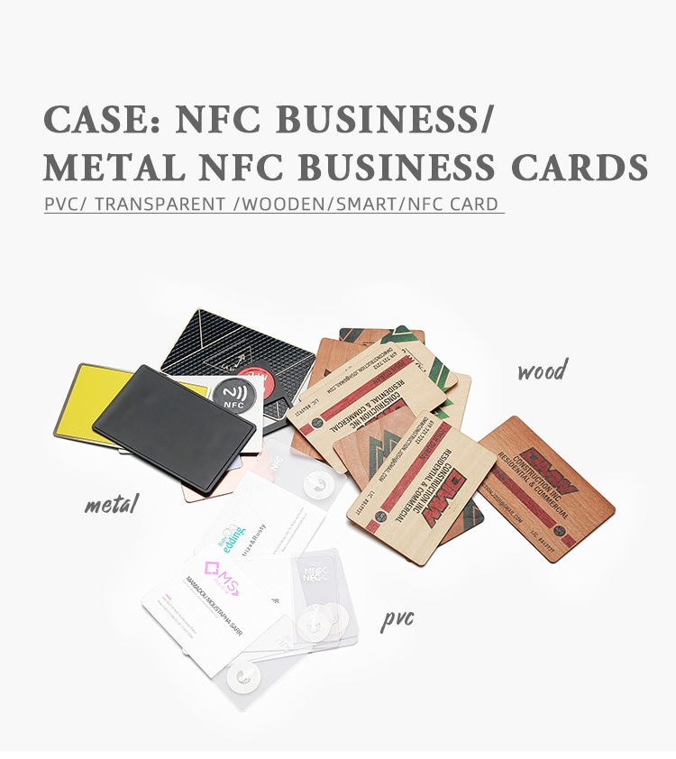 Sortiment de cărți de vizită NFC personalizate din PVC, PVC transparent, lemn și metal, prezentând mai multe opțiuni de materiale și imprimare.