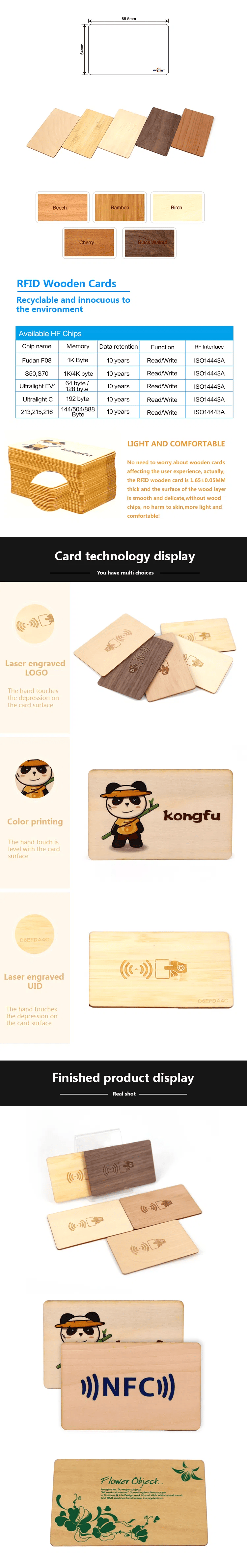 Carduri RFID din lemn personalizate pentru acces ecologic, prezentate cu detalii clare ale cipului pentru aplicații Wooden Cards.