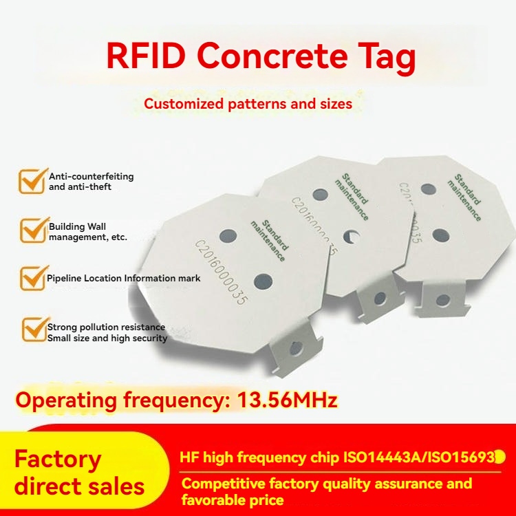 Un poster de produs prezintă etichetele RFID pentru beton PVC5050-1, cu evidențierea funcțiilor de marcaj antifurt, management al betonului și utilizare la 13,56 MHz.