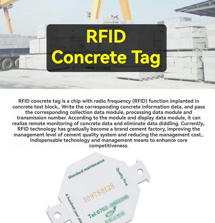 O fișă de prezentare introduce eticheta RFID pentru beton PVC5050-1, cu text descriptiv și o vedere apropiată a corpului octogonal imprimat.