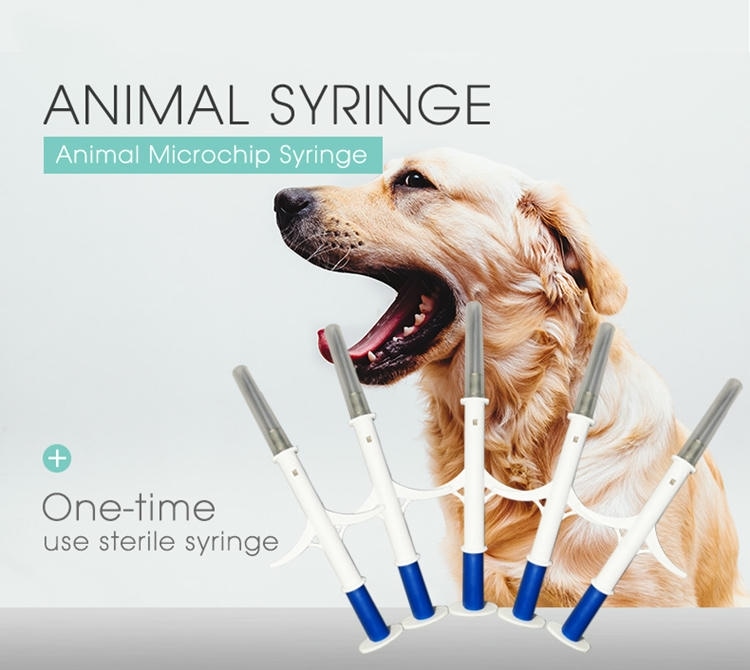 Grafic promoțional care arată seringi sterile cu microcip pentru animale pentru implantarea RFID veterinară și recuperarea în siguranță a animalelor de companie.