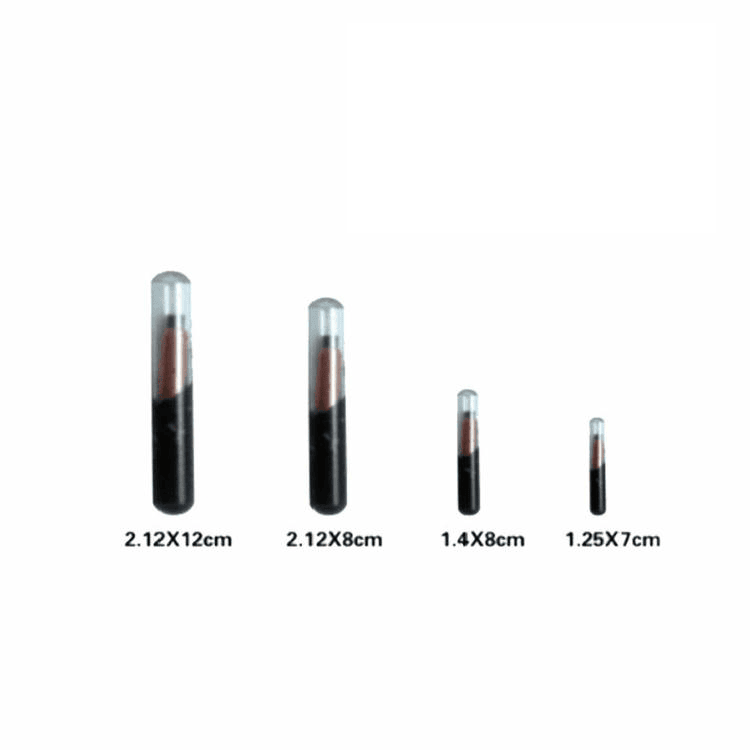 Comparația dimensiunilor microcipurilor animale din sticlă RFID cu dimensiunile capsulei etichetate pentru diferite aplicații de implant.