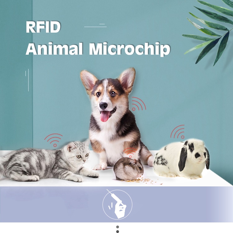 Banner promoțional care prezintă un câine, pisică, iepure și alte animale de companie, reprezentând RFID identificarea și urmărirea cu microcipul animalelor.