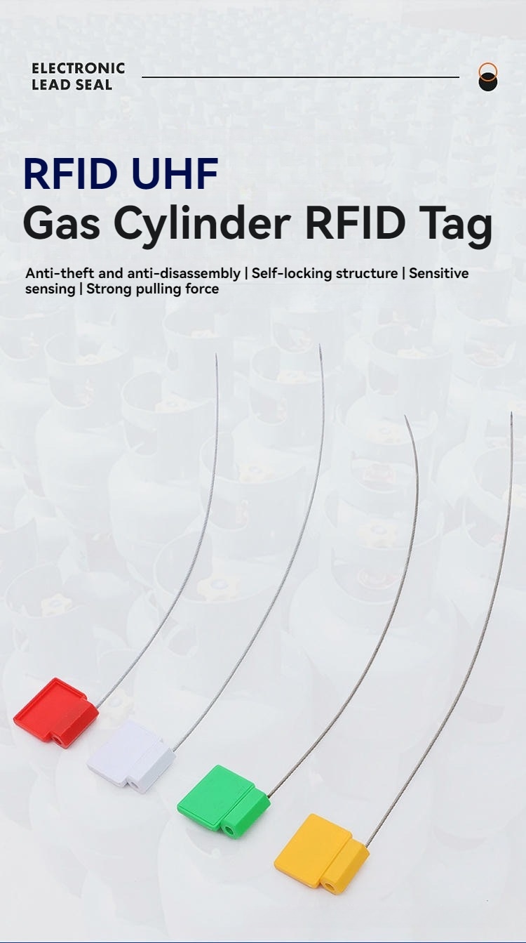 Etichetă RFID galbenă cu sigiliu, blocată în siguranță pe supapa unei butelii de gaz pentru conformitate și trasabilitate.