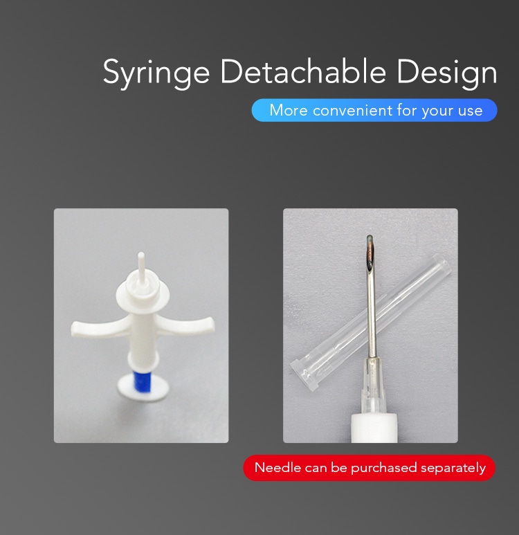 Fotografie cu designul seringii detașabile care arată corpul injectorului și opțiunea de ac separat pentru implantarea microcipului animal RFID.
