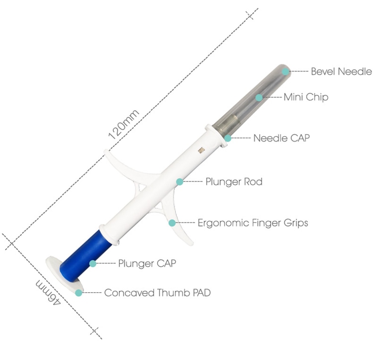 Diagrama seringii cu microcip care arată părțile cheie și lungimea totală pentru o manipulare precisă a implantului RFID veterinar.