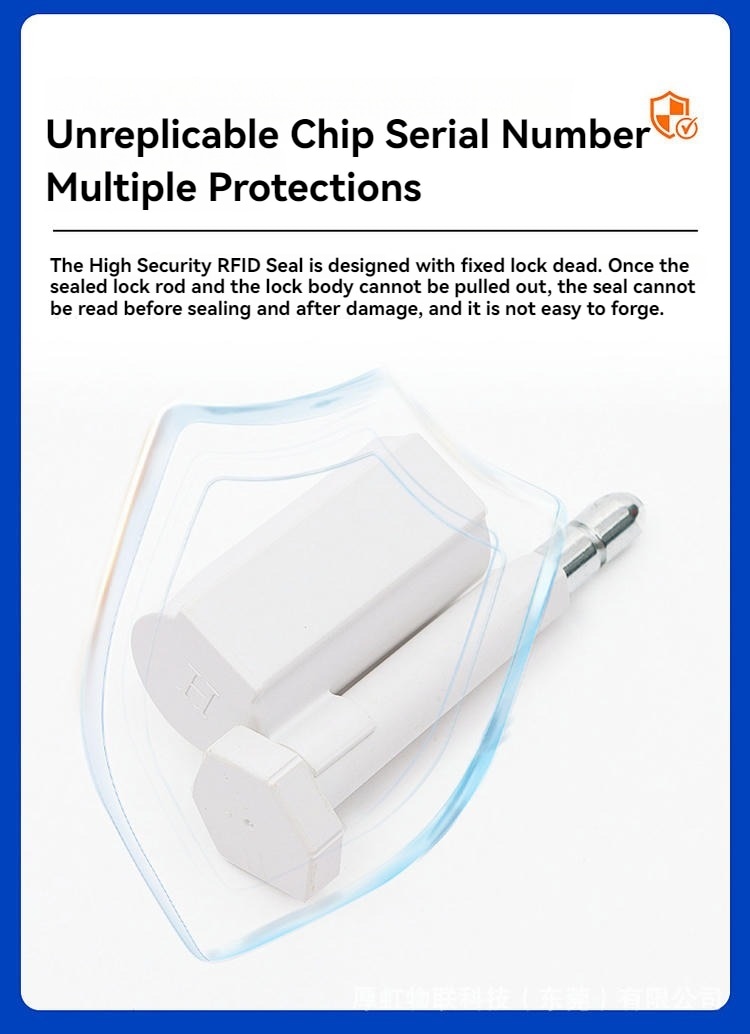Poster de protecție care prezintă un sigiliu RFID de securitate SS8725-1 alb, cu grafică de tip scut pentru securitatea cipului unic.