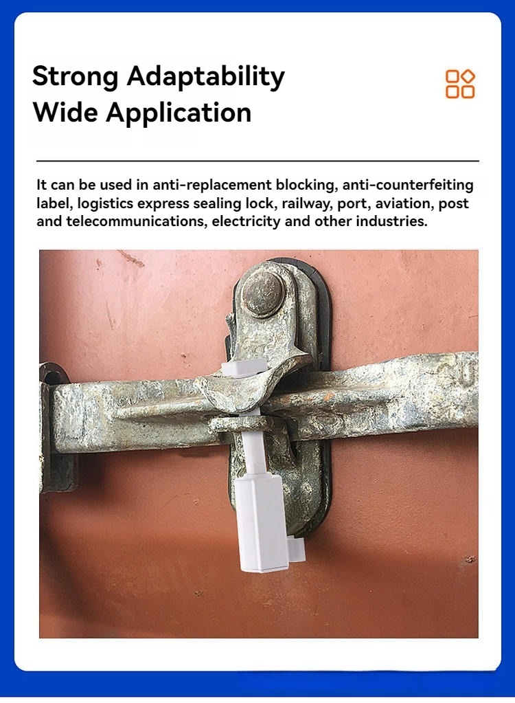 Sigiliul RFID de securitate SS8725-1 alb instalat pe un zăvor ruginit de container, pentru demonstrarea utilizării antimanipulare.
