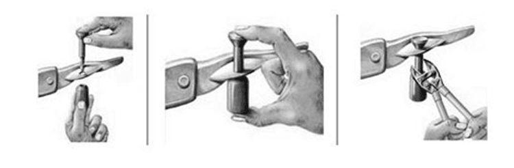 Diagramă în trei pași care arată cum sigiliul RFID de securitate SS8725-1 este introdus, blocat și apoi tăiat cu cleștele.