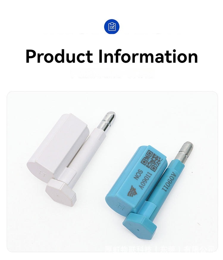 Panou de informații despre produs care afișează sigilii RFID de securitate SS8725-1 albe și albastre pe un fundal alb curat.