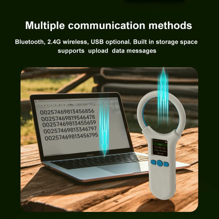 Imaginea prezintă cititorul W91A pentru etichete animale transferând date de identificare către un laptop prin Bluetooth, conexiune wireless sau USB.