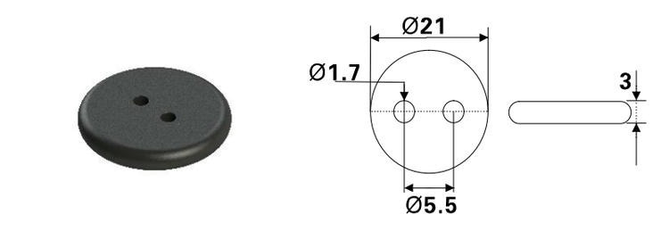 Desenul dimensional arată eticheta RFID PPS sew-on PPSD21-1, cu diametru de 21 mm, grosime de 3 mm și două orificii de coasere pentru utilizare în spălătorii.