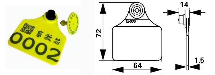 Diagramă tehnică ce prezintă dimensiunile mari de 72 pe 64mm și designul structural al etichetei E006 pentru urmărirea bovinelor
