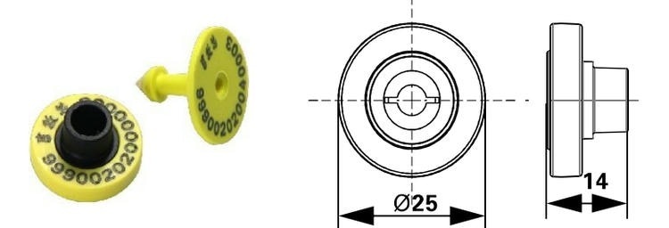Desen tehnic al dimensiunilor D25 pe 14mm pentru eticheta E010 de identificare reutilizabila a animalelor in ferme.