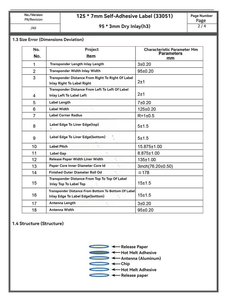 Această fișă tehnică arată toleranțele dimensionale și structura pe straturi a etichetei RFID pentru cărți.