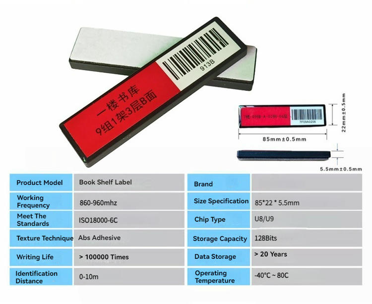 Acest panou de specificații prezintă o etichetă RFID rigidă pentru rafturi de bibliotecă, cu cod de bare și desene dimensionale de referință.