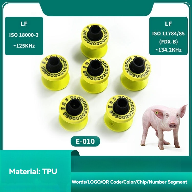 Ilustratie privind instalarea etichetei RFID reutilizabile E010 cu cleste special pentru identificarea sigura a animalelor.