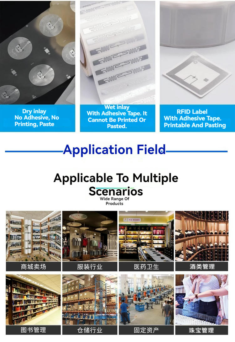 Această diagramă compară formele dry inlay, wet inlay și etichete RFID, prezentând scenarii de aplicare multiple, inclusiv biblioteci.