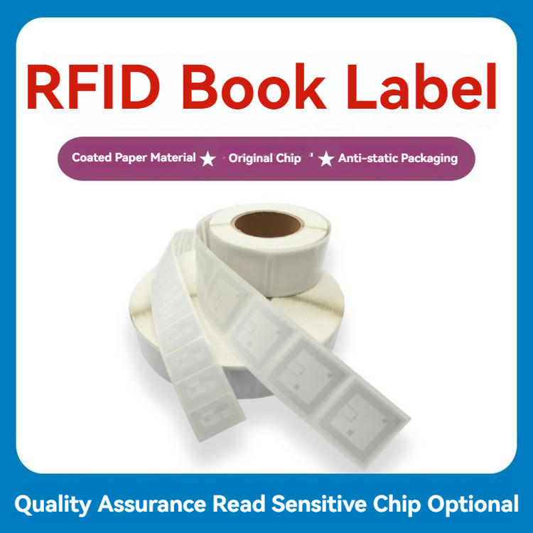 Acest grafic promoțional arată RFID role de etichete de cărți cu etichete în stil pătrat și cotor pentru a fi utilizate pentru urmărirea cărților din bibliotecă.