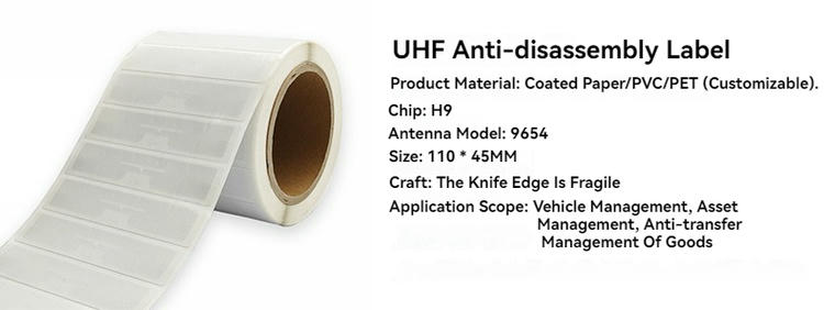 Banner de specificații pentru eticheta RFID UHF anti-dezlipire pentru parbriz, cu opțiuni de material, cip H9 și utilizări pentru acces vehicule.
