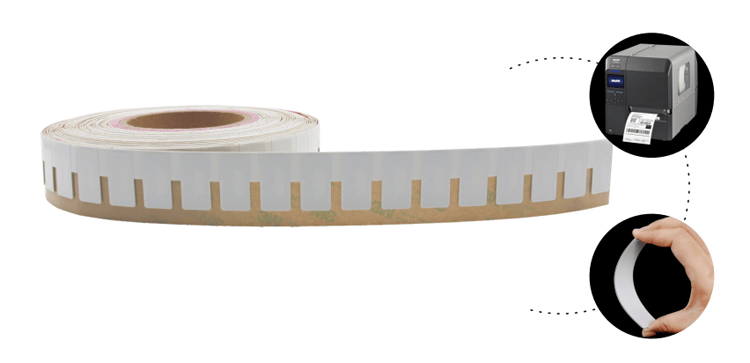 Diagramă tehnică a structurii multistrat a etichetei flexibile, cu față PET printabilă și folie de aluminiu pentru izolare RF