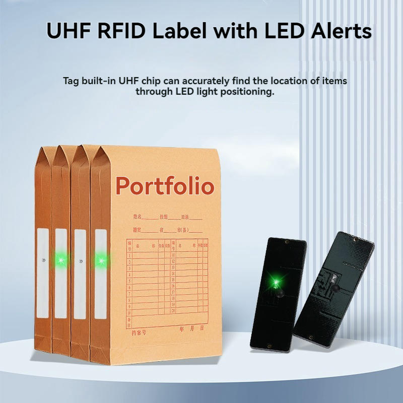 Un afiș arată etichete strălucitoare RFID LED utilizate pe folderele de fișiere din portofoliu; lângă două etichete negre de alertă LED; afișate.