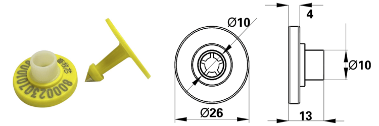 Această imagine prezintă crotalia RFID E-029 galbenă cu orificiu de trecere și desen tehnic cu dimensiunile față și lateral.