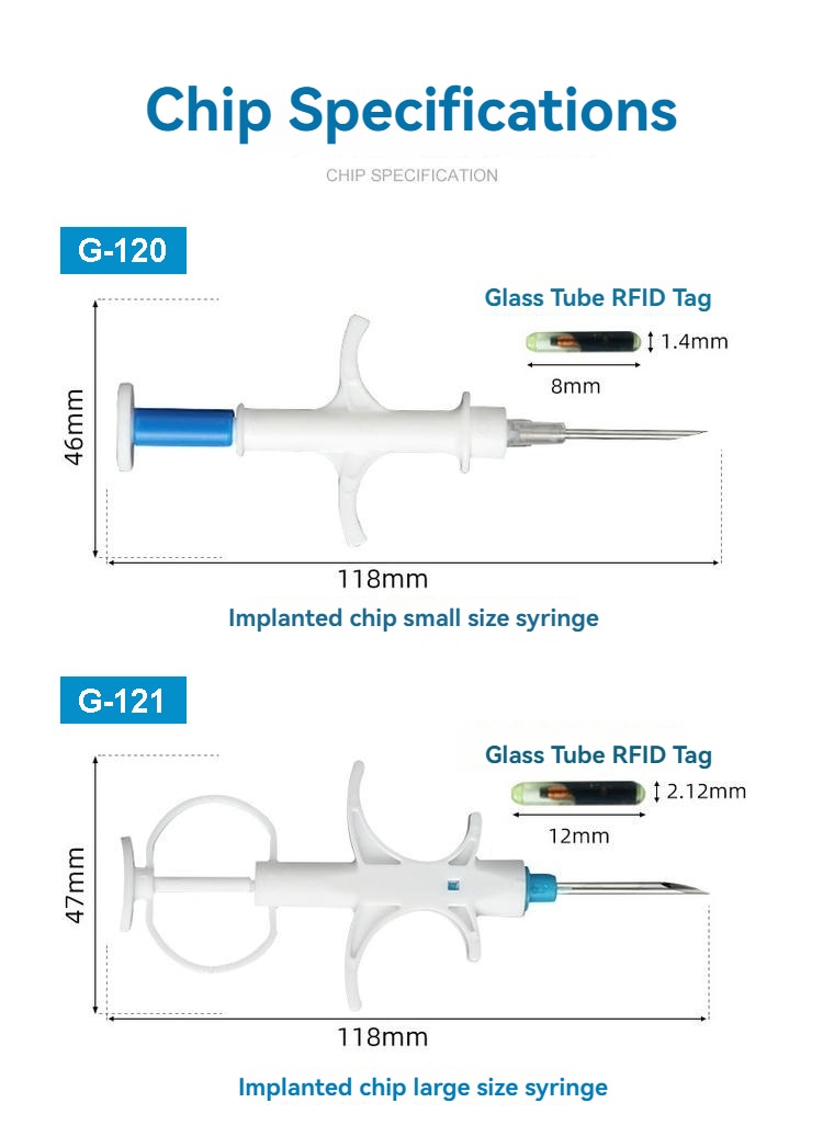 Fișă dimensională care compară seringile G-120 și G-121, cu lungime de 118 mm și microcipuri RFID în tub de sticlă de 8 mm și 12 mm.