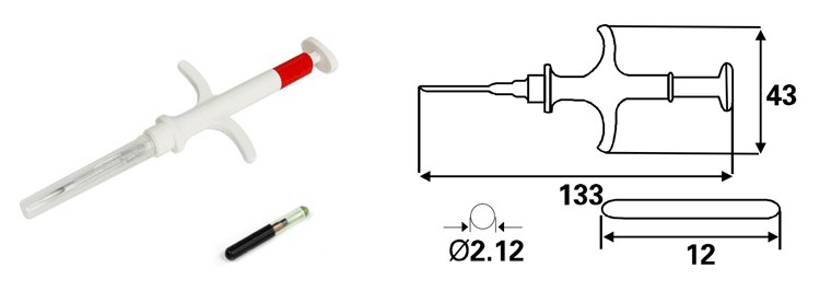 O diagramă dimensională indică seringa de 133 x 43 mm și microcipul RFID în tub de sticlă de 2,12 x 12 mm pentru G-106.