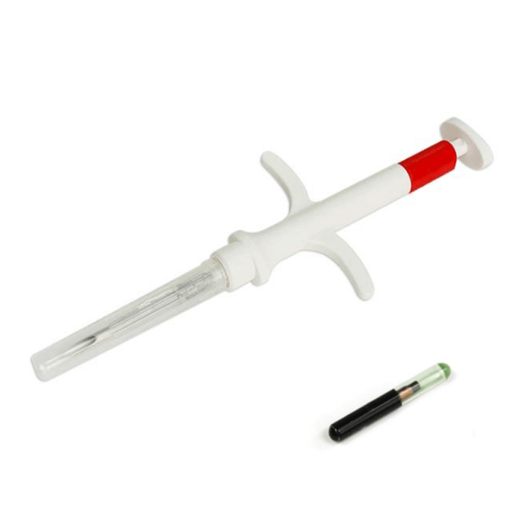 O fotografie de produs prezintă seringa injectoare și microcipul RFID pentru animale din biosticlă, pregătite pentru implantare veterinară la pisici și animale de companie de talie mică.