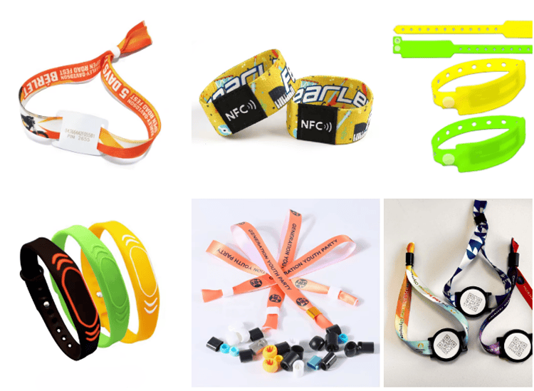 O prezentare colorată a brățărilor RFID elastice pentru copii în vrac evidențiază posibilitățile de imprimare CMYK pentru grafice personalizate complexe.