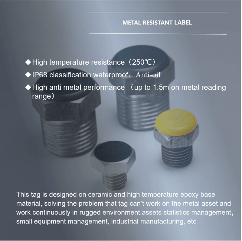 Grafic de caracteristici pentru un tag RFID cu șurub construit pentru medii dure, cu structură etanșată pentru urmărire UHF fiabilă pe metal.