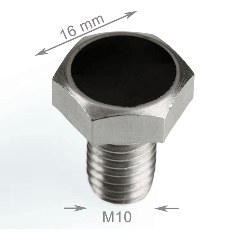Prim-plan al unui tag RFID cu șurub, cu cap hexagonal, față neagră etanșată și filet metric pentru etichetare UHF pe metal.