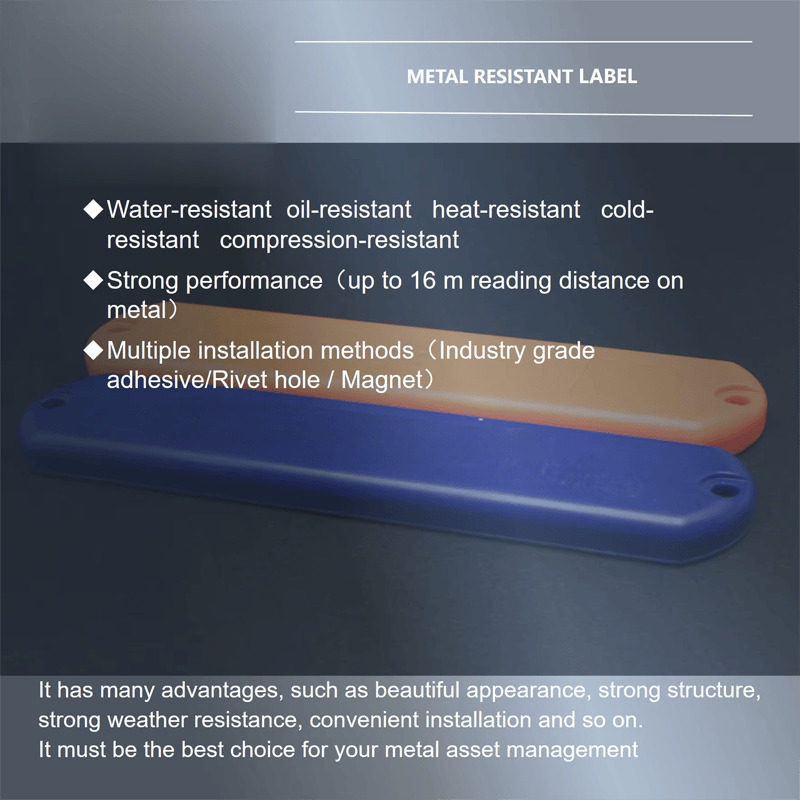 Taguri RFID ABS anti-metal cu rază lungă pentru active în exterior, prezentate cu finisaj metalic periat pentru aplicații taguri RFID ABS pentru suprafețe metalice.