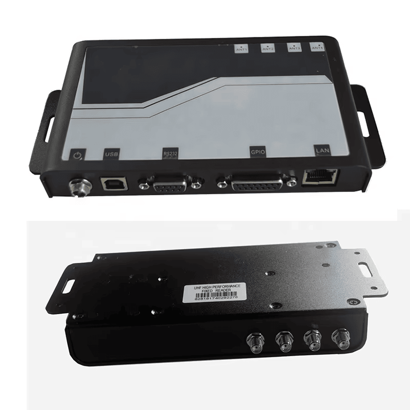 Această imagine prezintă două perspective ale cititorului UHF RFID fix ZK-RFID403, inclusiv partea frontală cu interfețe și partea posterioară cu antene.