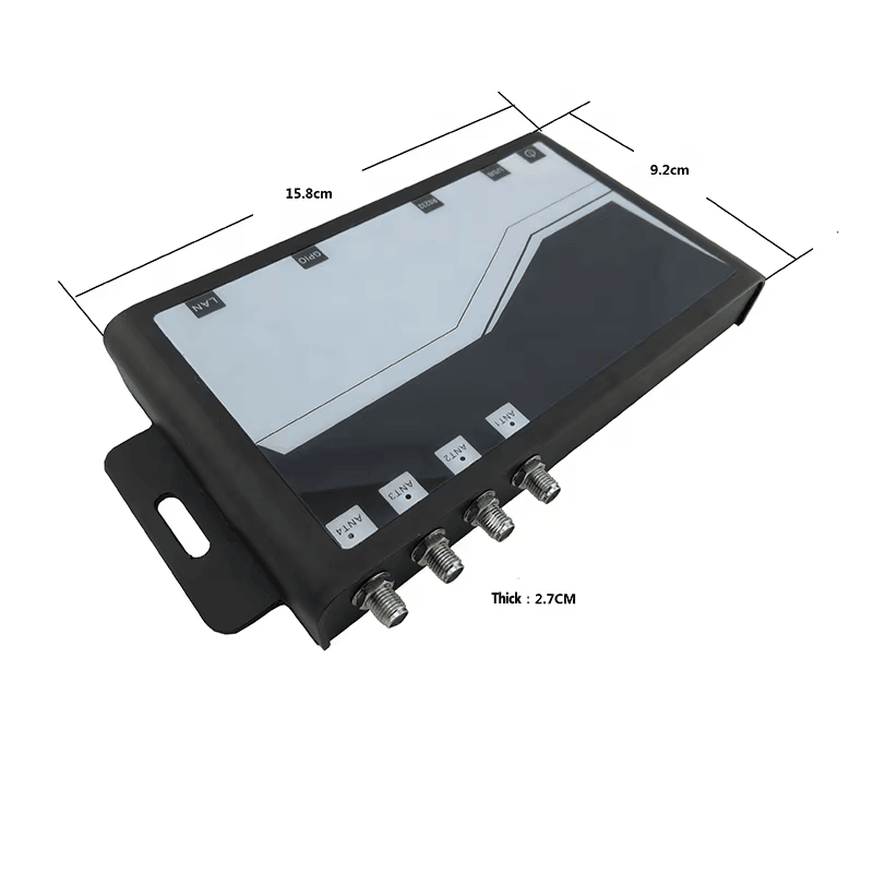 Această imagine prezintă cititorul UHF RFID fix ZK-RFID403 cu schema dimensională a lungimii, lățimii și grosimii carcasei.