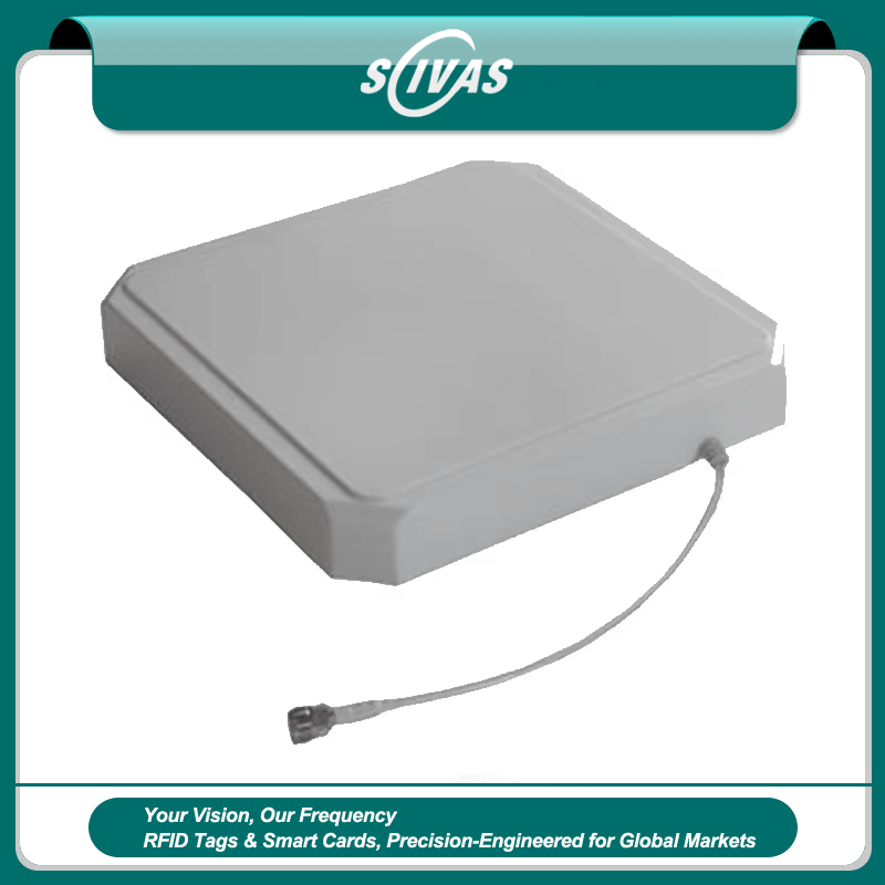 Această imagine arată antena de citire fixă ZK-ANT258D UHF pe un aspect cu marca SCIVAS cu cablul care se extinde din lateral.